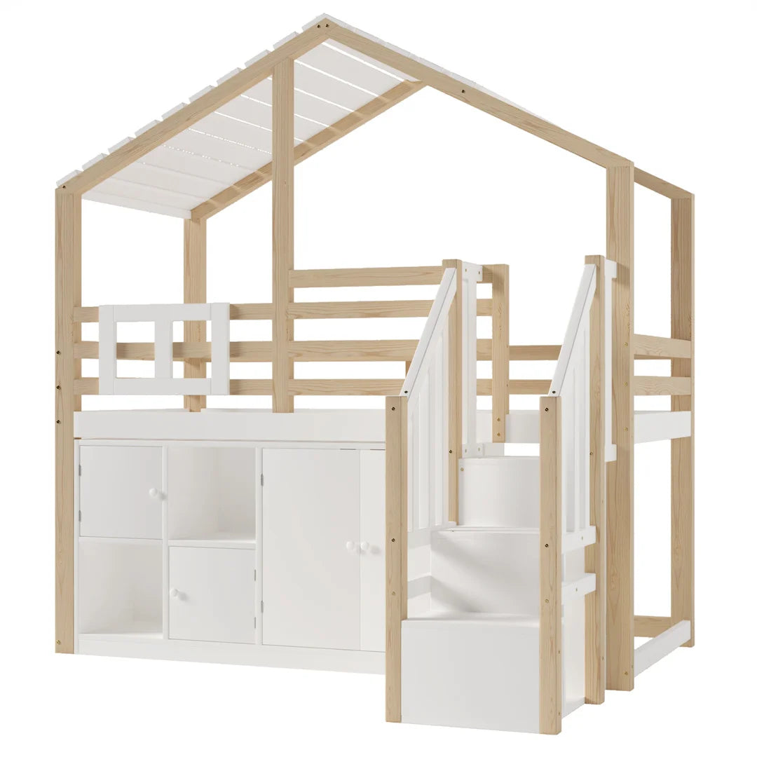 Hoogslaper – Kinderbed – Huisbed – Stapelbed – Hochslaper Kind – Massief Houten Frame – Slimme Opbergruimte Met Kast En Trap