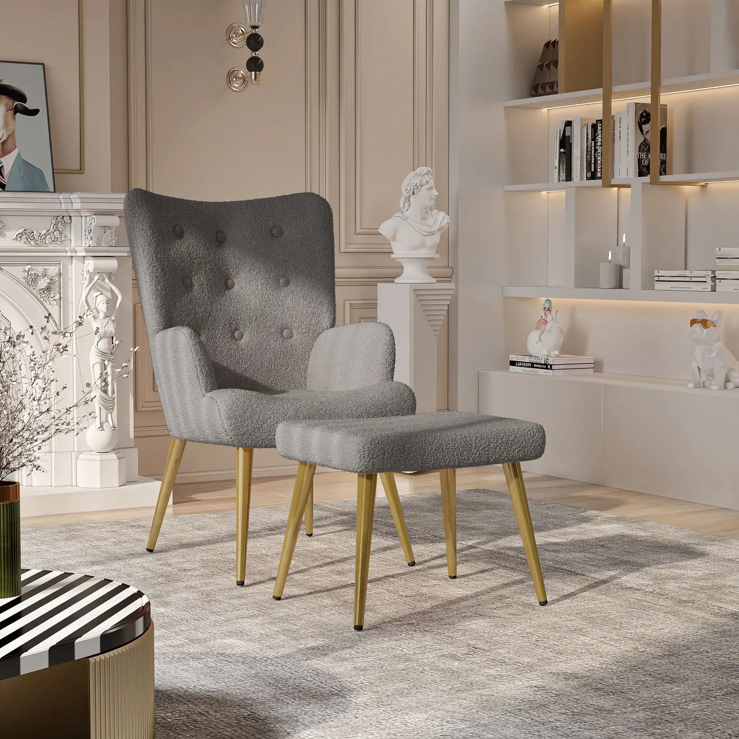 Wing Chair – Fauteuil – Lounge Stoel – Accentstoel – Stoel Met Voetenbank Donkergrijs – Teddy Stof – Stevig Dennenhouten Frame