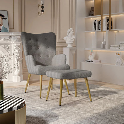 Wing Chair – Fauteuil – Lounge Stoel – Accentstoel – Stoel Met Voetenbank Donkergrijs – Teddy Stof – Stevig Dennenhouten Frame