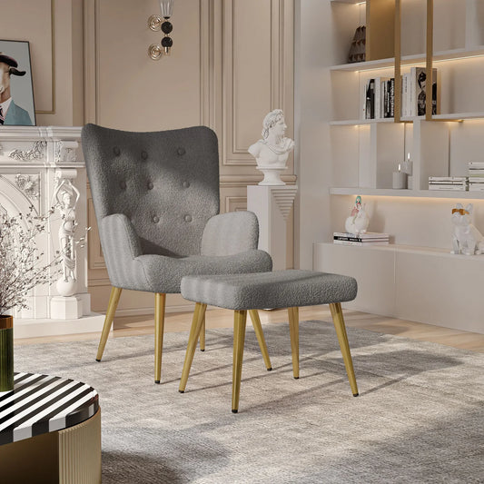 Wing Chair – Fauteuil – Lounge Stoel – Accentstoel – Stoel Met Voetenbank Donkergrijs – Teddy Stof – Stevig Dennenhouten Frame