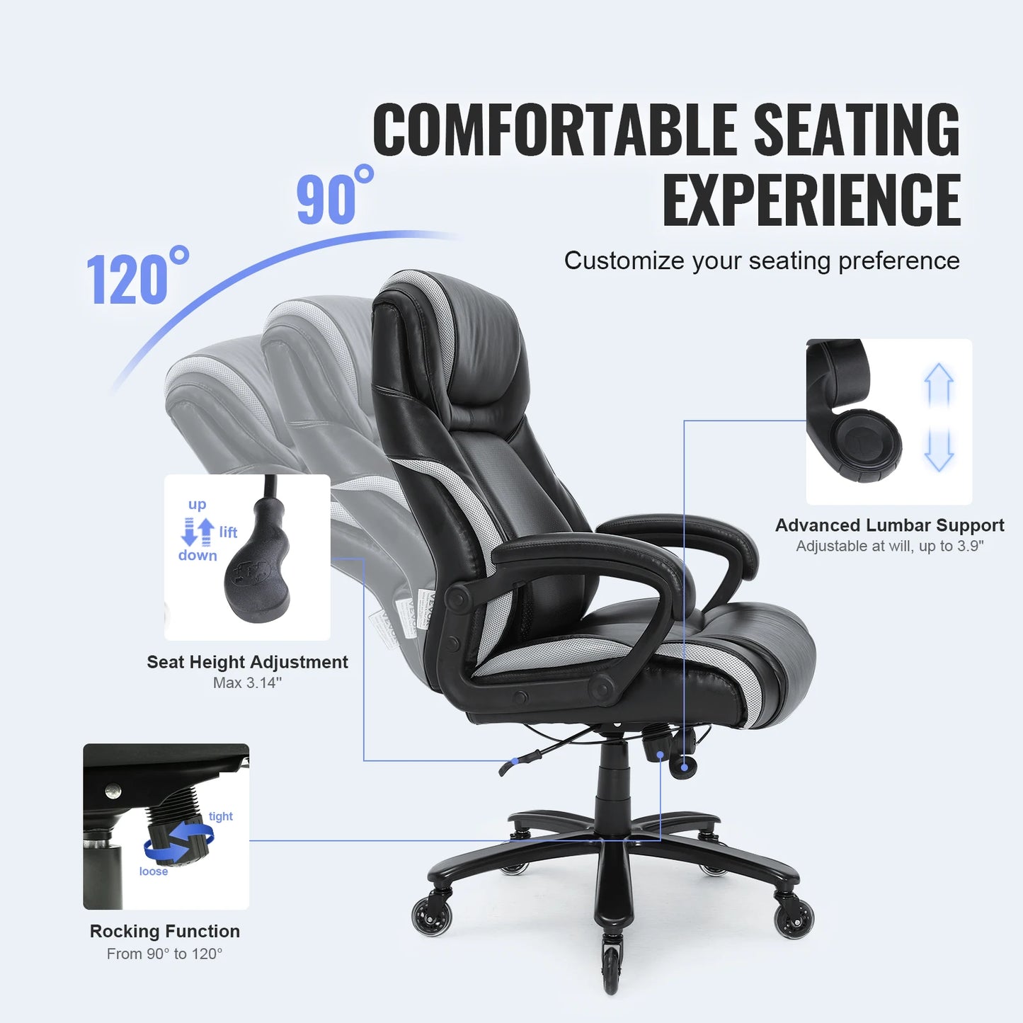Ergonomische Bureaustoel - Executive Stoel - Gamingstoel - Kantoorstoel - Stoelen - 350lbs met Voetsteun - Verstelbare Lendensteun - Hoog Rugpand - Luxe PU Lederen - Extra Dikke Zitting - Voor Thuiswerk - Kantoor - Wit