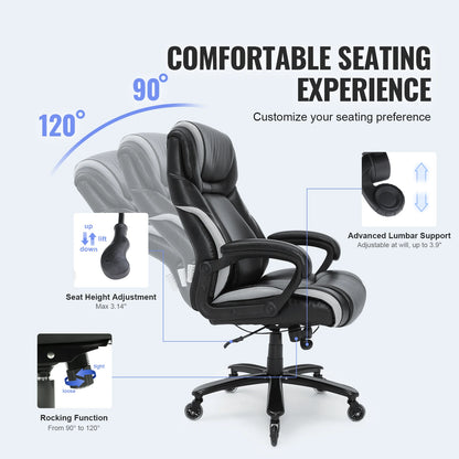 Ergonomische Bureaustoel - Executive Stoel - Gamingstoel - Kantoorstoel - Stoelen - 400 lbs - Verstelbare Lendensteun - Hoog Rugpand - Luxe PU Lederen - Extra Dikke Zitting - Voor Thuiswerk - Kantoor - Zwart