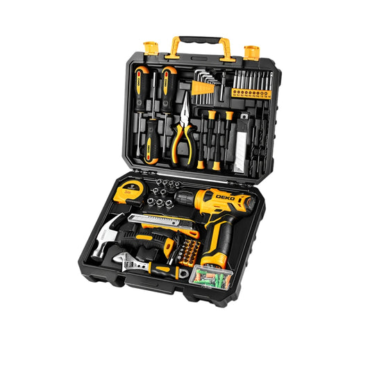 Deko - Gereedschapskoffer - 126-delig - Gevuld - Gereedschap - Gereedschapsset - Sleutelloze boorkop - met 8V snoerloze boormachine - DIY handgereedschapssets - Geel - QUORE