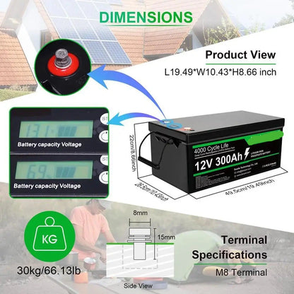 LiFePO4 Accu – 12V Batterij – Lithium Accu – Camper Accu – Boot Accu – 300Ah Capaciteit – 4000+ Laadcycli