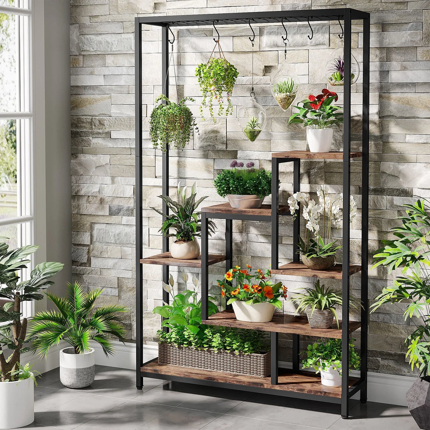 Plantenstandaard - Hoge Binnen Plantenplank - 5-Tier - 70.9 Inch Hoogte - Grote Metalen Plantenrek - Plantenrekken - Bloemenrek - Plantenstandaarden - Inclusief 10 Ophanghaken – Geschikt voor Tuinen en Interieur - Zwart - QUORE