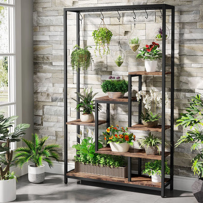 Plantenstandaard - Hoge Binnen Plantenplank - 5-Tier - 70.9 Inch Hoogte - Grote Metalen Plantenrek - Plantenrekken - Bloemenrek - Plantenstandaarden - Inclusief 10 Ophanghaken – Geschikt voor Tuinen en Interieur - Bruine Afwerking - QUORE