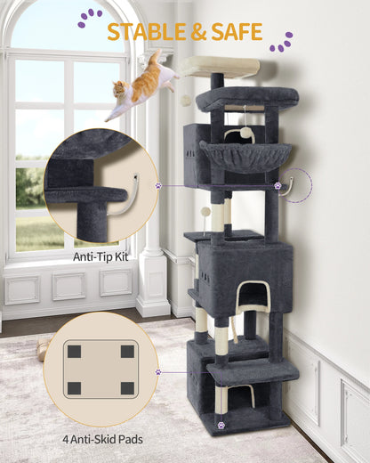 193cm Large Cat Tree, XXL Cat Climbing Frame, 7-Tier Cat Tree with 7 Scratching Posts, 3 Caves, 3 Pom Poms, and 2 Platforms