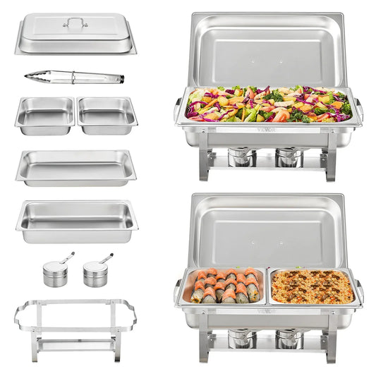 Chafing Dish - Warmhoudplaat - Buffetwarmer Set - Rechaud -  Rechthoekige RVS Warmhoudschalen - 2 Stuks - 8QT - met Opvouwbaar Onderstel en Brandstofhouders - Zilver