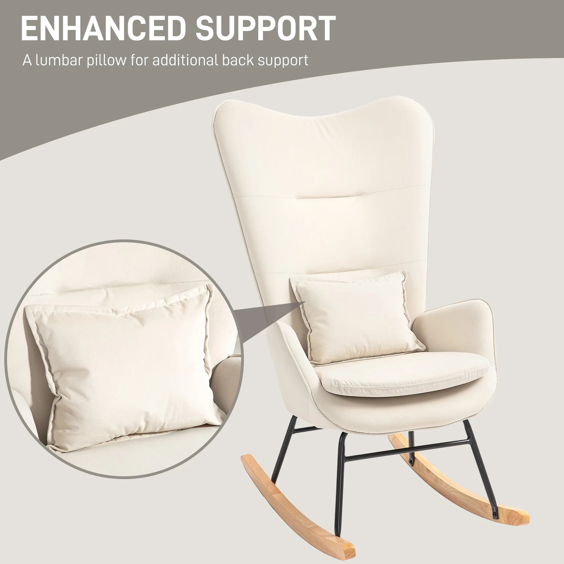 Schommelstoel – Relaxstoel – Loungestoel – Schommelzetel – Velours Bekleding – Ergonomische Rugleuning – Houten Poten - 67 x 85 x 112 cm - Crèmewit - QUORE