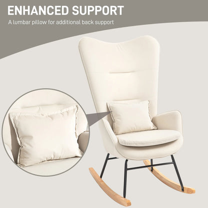 Schommelstoel – Relaxstoel – Loungestoel – Schommelzetel – Velours Bekleding – Ergonomische Rugleuning – Houten Poten - 67 x 85 x 112 cm - Crèmewit - QUORE
