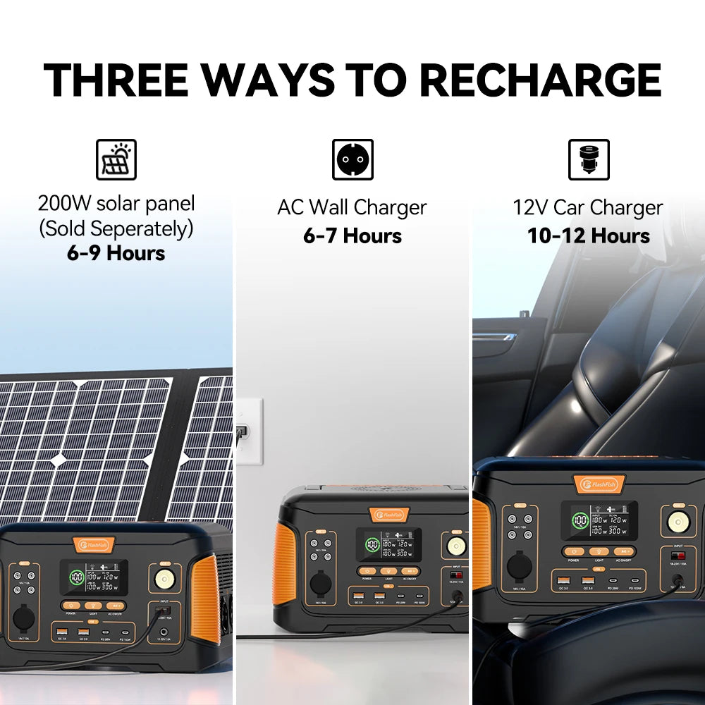 FlashFish Solar Power Station 1000W Solar Generator Pure Sine Wave AC Output 110V 230V 932Wh Generator Emergency Power Camping
