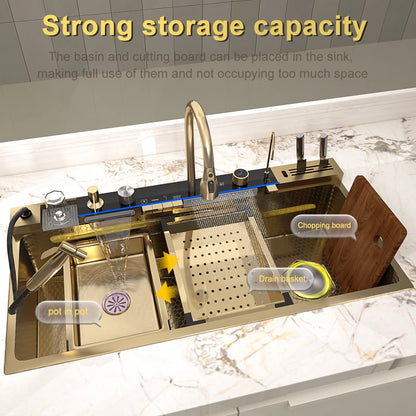 Golden Stainless Steel Waterfall Kitchen Sink Multifunctional Large Single Slot Digital Display Dishwashing Sinks
