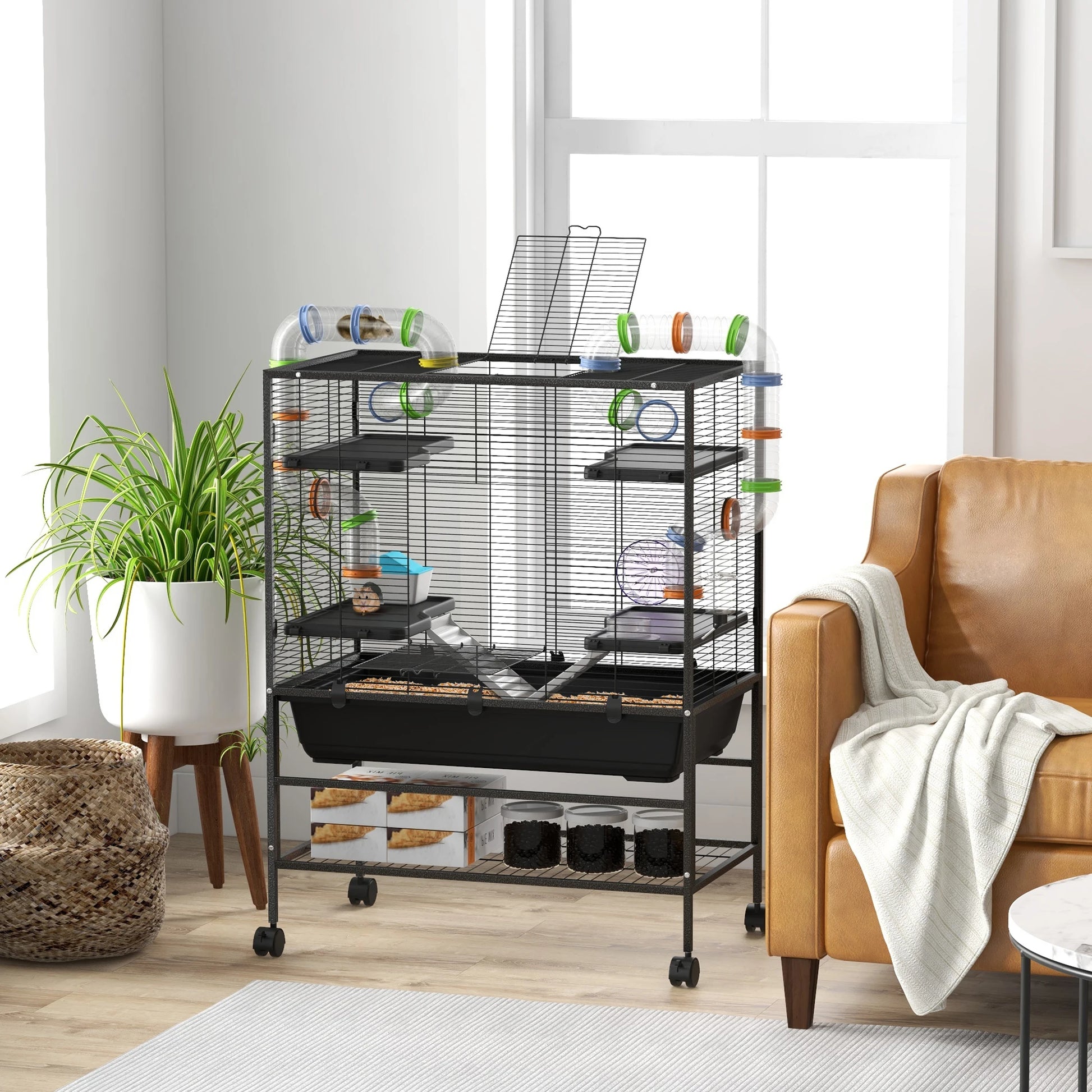 Knaagdierkooi – Hamsterkooi – Knaagdierverblijf – Kooi Met Buisjes – Dierenkooi – Ruim 109x82x46 cm – Inclusief Loopwiel & Waterfles – Zwart - QUORE
