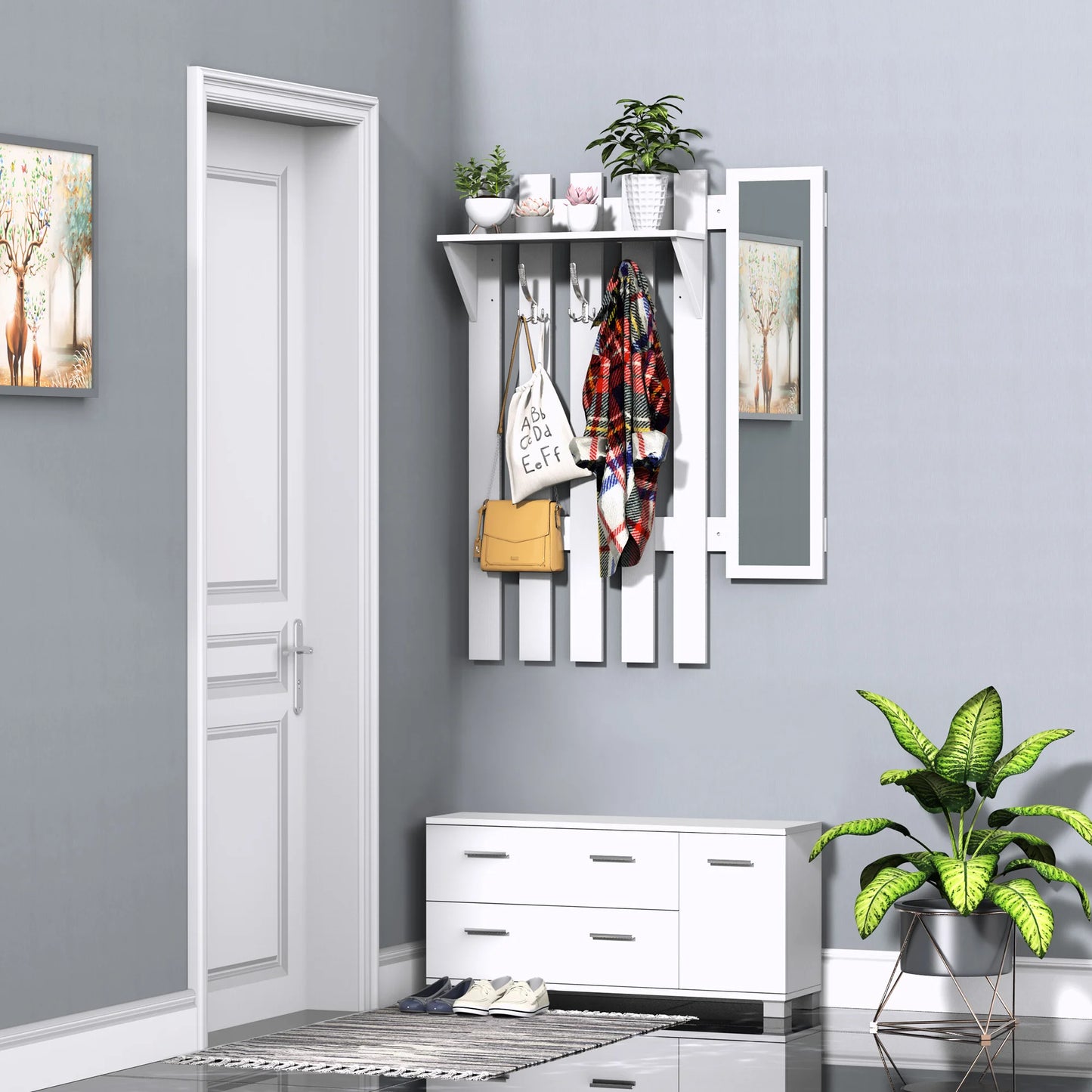 3-in-1 Halmeubel – Kapstok – Wandkapstok – Staande Kapstok – Garderoberek – Schoenenkast – Melamine Hout & Spiegel – Draagvermogen 100 kg