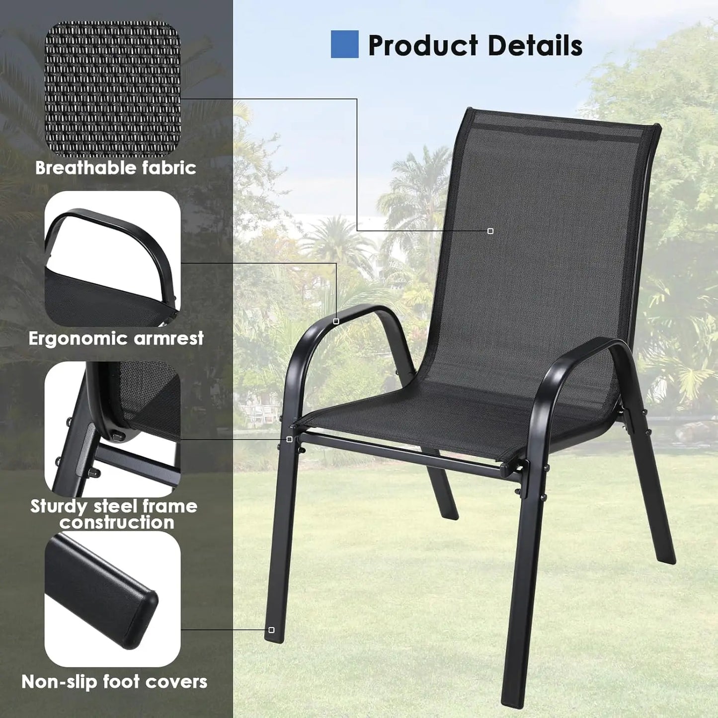Compact Balkonset – 3-Delige Tuinset – Balkontafel Met Glasplaat – Stapelbare Stoelen – Metalen Frame – Ademend Stof - QUORE