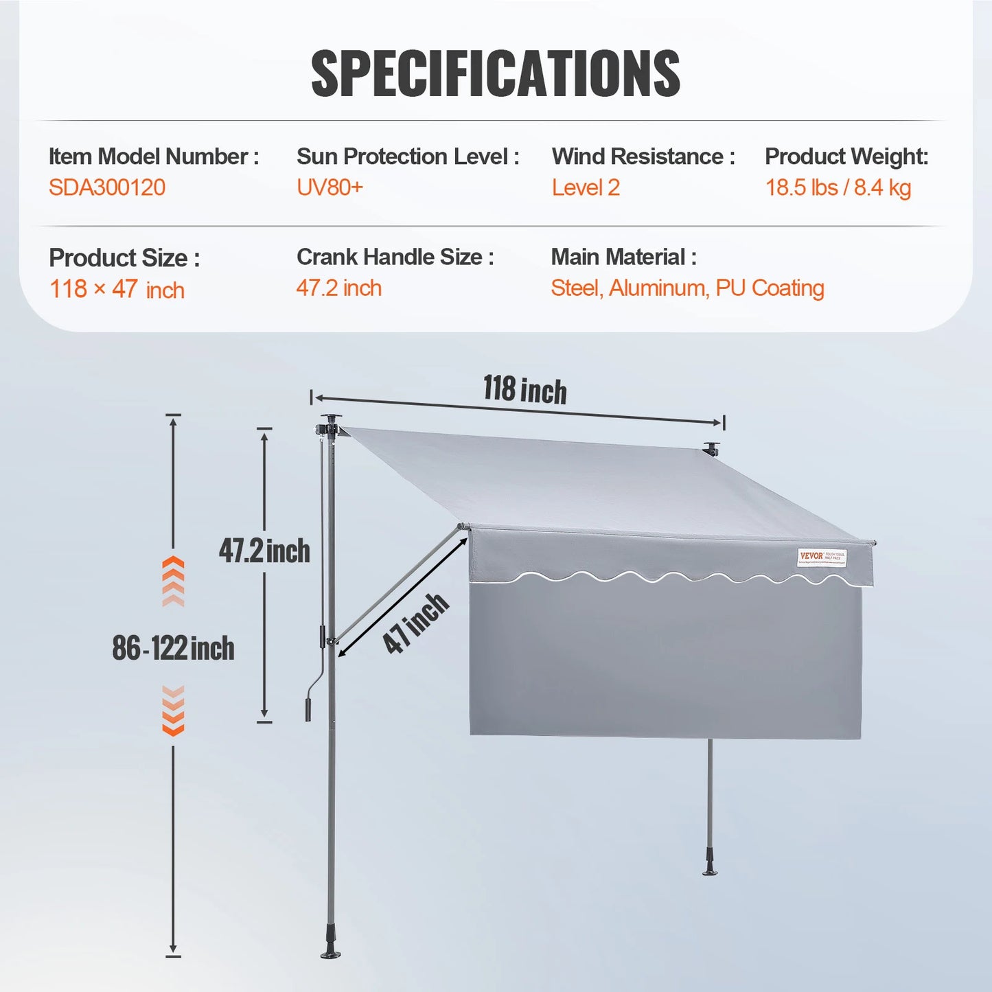 Klemluifel - Uitschuifbare Zonwering - Balkonluifel - 118x47inch - Handmatig Verstelbaar - Waterdicht & UV80+ Bescherming - Voor Tuin - Balkon en Terras