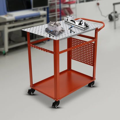 Industriële Stalen Werktafel – Werkbank – Montagebank – Werkbank Met Wielen – Mobiele Werktafel Rood – Draagvermogen 272 kg – Dubbele Werkplanken Met 9 Haken En Zijbord - QUORE