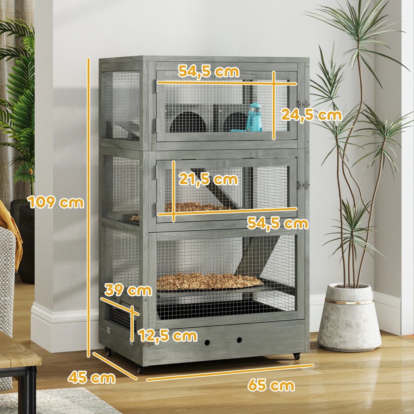 Hamsterkooi – Knaagdierkooi – Houten Kooi – Kleine Dieren Kooi – Vier Verdiepingen – Zandbak 9,5 Cm – Wieltjes Met Remmen - 65 x 45 x 109 cm - Grijs - QUORE