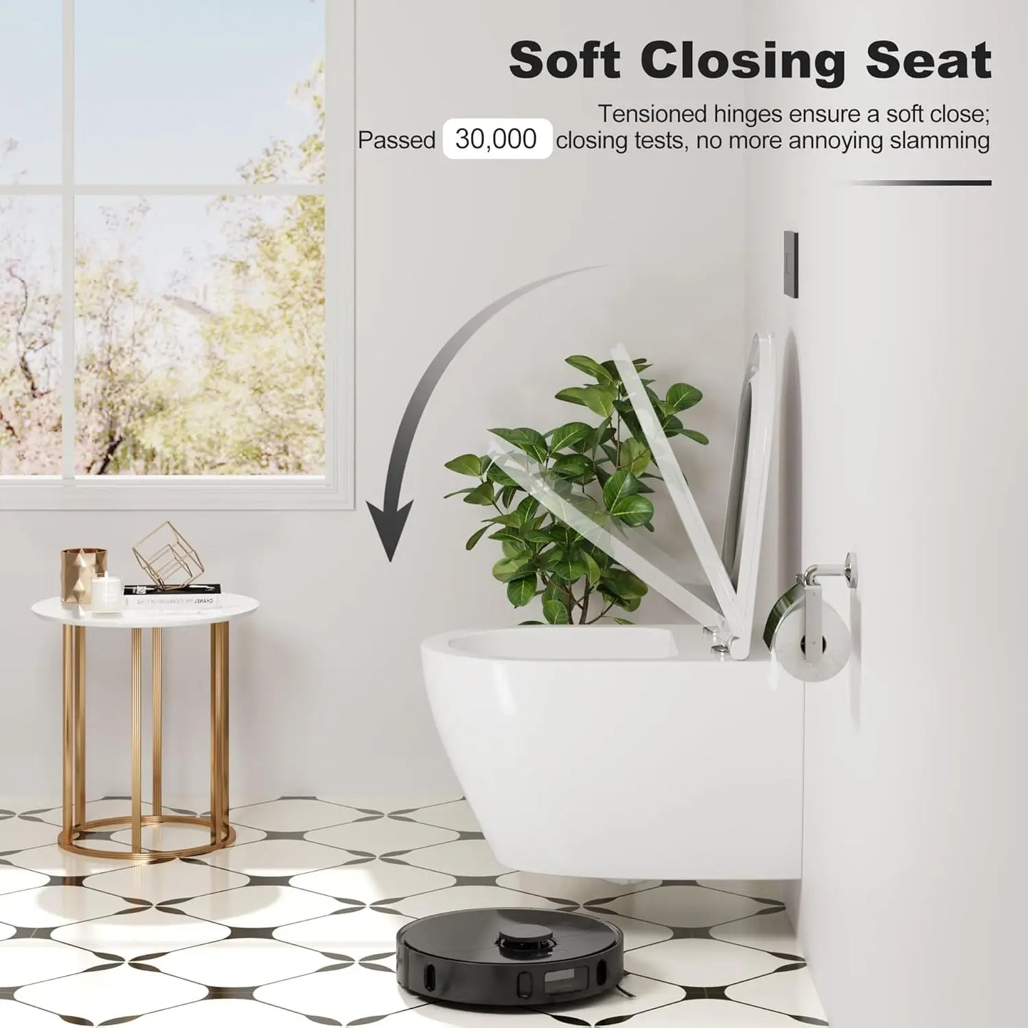 Wandtoilet – Hangend Toilet – Randloos Toilet – Toilet Zonder Rand – Keramisch Toilet – Ultra-Dunne Deksel – Soft-Close Sluiting – Waterbesparende Spoeling - QUORE