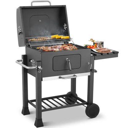 BBQ - BBQ Houtskool - Grill Trolley - Barbecue - Grote BBQ Grill - op Wielen - 116x55,7x100 cm - XXL Houtskoolwagen - Zware Uitvoering – Met Opener, Uittrekbare Aslade, Planken en Haken – Grijs