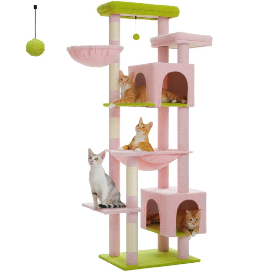 Kattenboom - Krabpaal - Katten Klimmuur - Sisal Krabpalen - Arbre a Chat - Hangmat - Kattenhuisje - 54x44x175cm - Roze