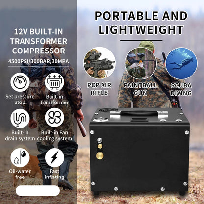 Luchtcompressor - Draagbare  Hogedrukluchtcompressor - Airpress Compressor - 300 bar - 4500Psi PCP - 120V - met 12V Voedingsadapter - Auto-stop - Scuba PCP-tank