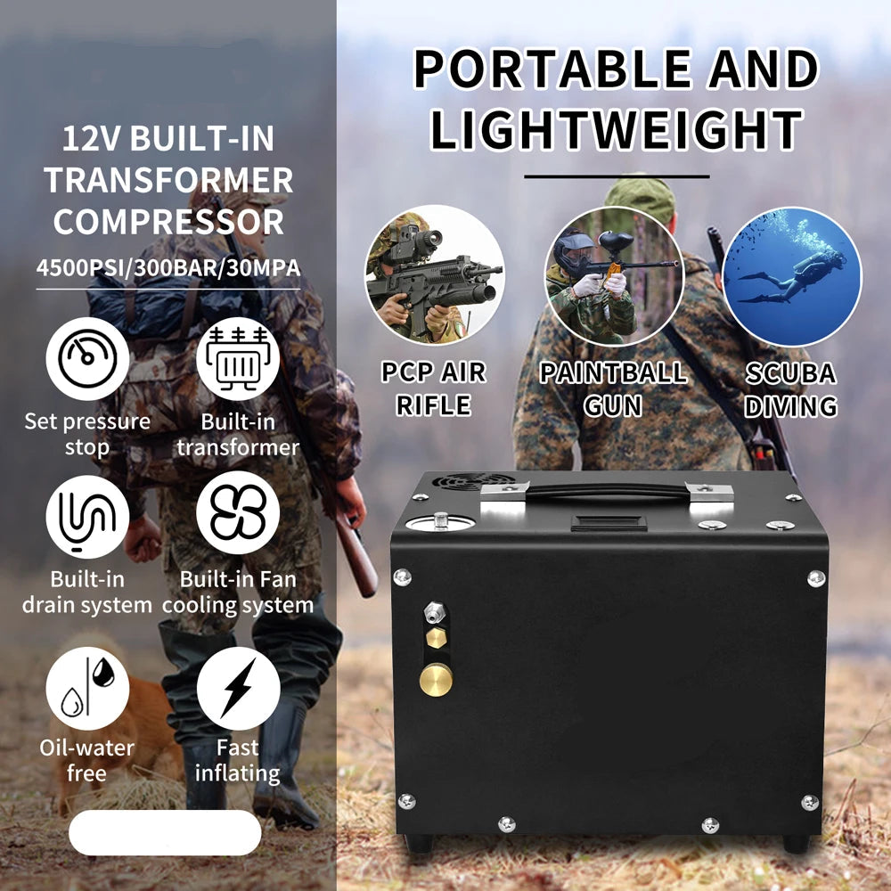 Luchtcompressor - Draagbare  Hogedrukluchtcompressor - Airpress Compressor - 300 bar - 4500Psi PCP - 110V - met 12V Voedingsadapter - Auto-stop - Scuba PCP-tank
