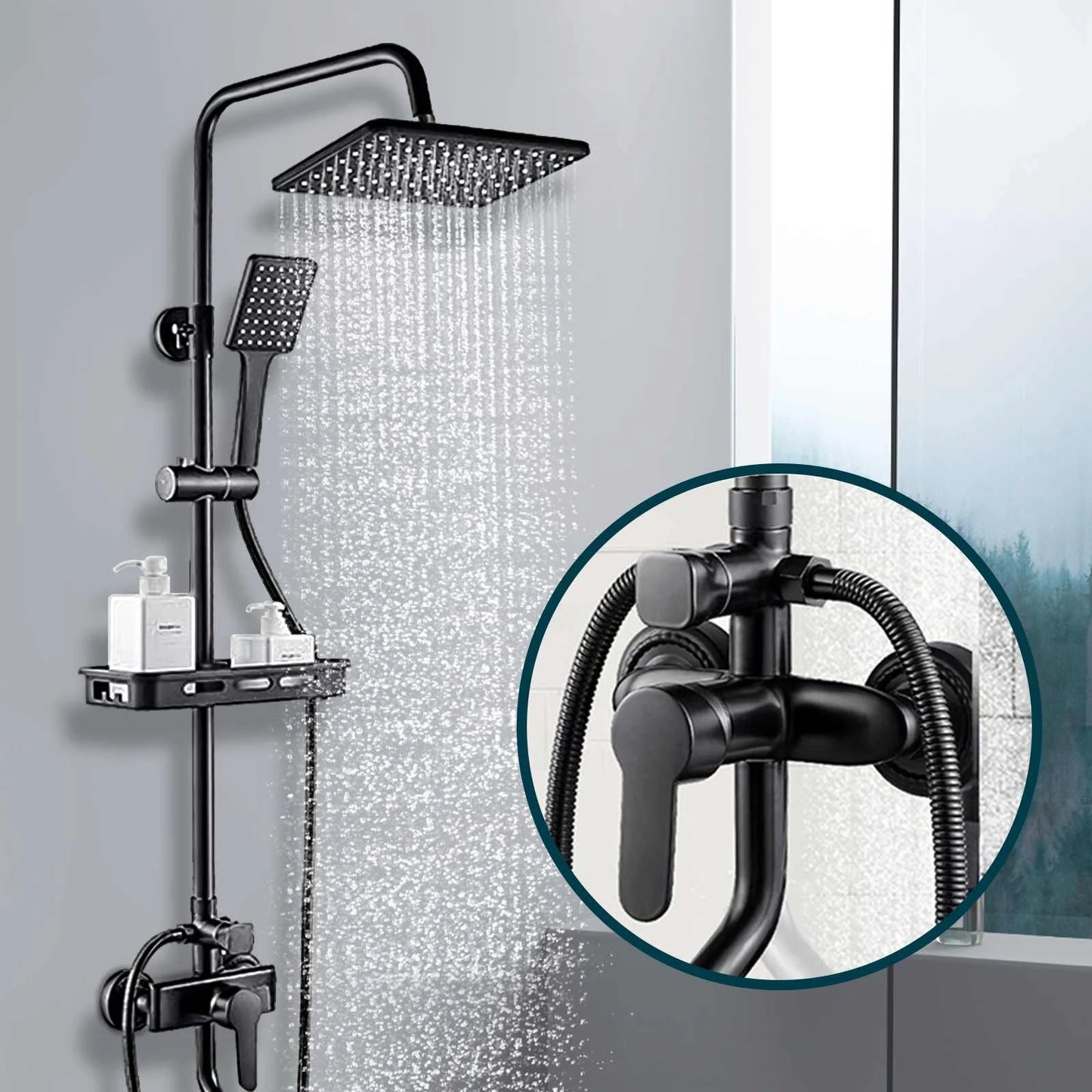 Douche - Regendouche - Douchewand - Douchekolom - Douchepanelen - Mat Regendouche Set – 3-Weg Wandmontage met Mengkraan & Opbergrek - Zwart