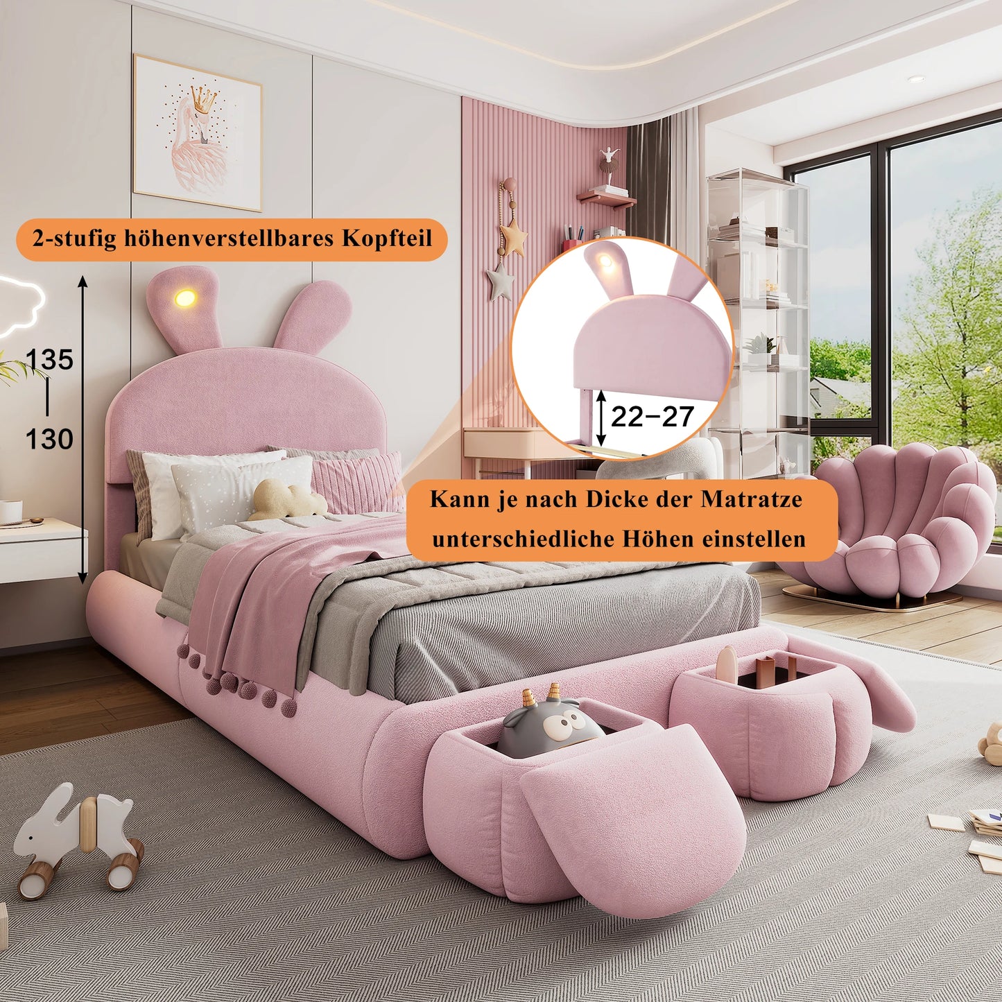 Kinderbed – Eenpersoonsbed – Jeugdbed – Slaapbank – Kinderbed met Lades – Roze Velvet Met Konijnenoren – Dimbare LED-Verlichting – 90x200 cm