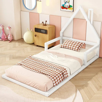 Kinderbed - Plat Bed - Huisvorm - Massief Grenen - Eenvoudige Vorm - 90*200 cm - Beige