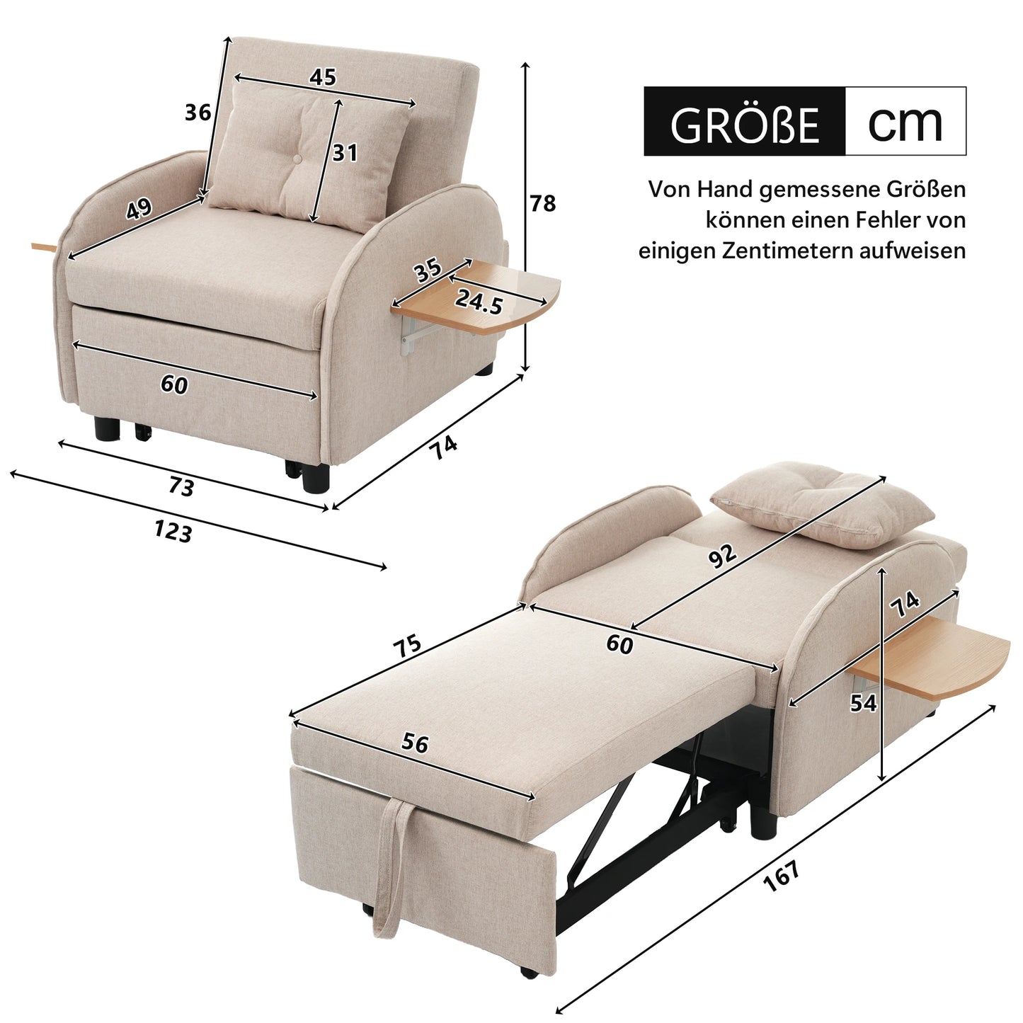 Slaapbank - Slaapstoel - Logeerbed - Klapstoel - Opvouwbare Eenpersoonsbank - Met Bedfunctie - Drievoudig Verstelbare - Opklapbaar - 123 x 74-167 x 78 cm - Beige - QUORE