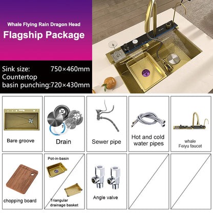Stainless Steel Kitchen Sink With Waterfall Single Bowl Digital Display Extra Large Slot Multifunctional Washing Sinks