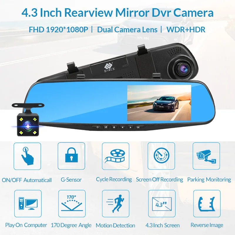 Dashcam voor Auto - Dashcam 4.3 Inch - Full HD 1080P Auto Rij Recorder - Achteruitkijkspiegel DVR - Nachtzicht & Bewegingsdetectie - Zonder Geheugenkaart - Zwart