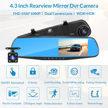 Dashcam voor Auto - 4.3 Inch - Full HD 1080P Auto Rij Recorder - Achteruitkijkspiegel DVR - Nachtzicht, Bewegingsdetectie, Parkeermodus - 6M Achteruitrijcamera - Zonder Geheugenkaart - Zwart