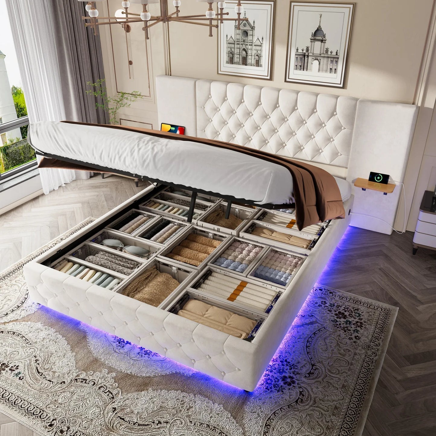 Bedframe – Bed – Tweepersoonsbed – Boxspring – Opbergbed – Met Hydraulisch Opklapsysteem – Ingebouwde LED-Verlichting