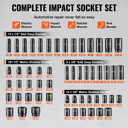Impact Socket Set – 59-Piece 3/8" &amp; 1/2" Drive – Cr-Mo Steel – Impact Wrench Sockets – SAE &amp; Metric (6-32mm) – With Storage Case – Black