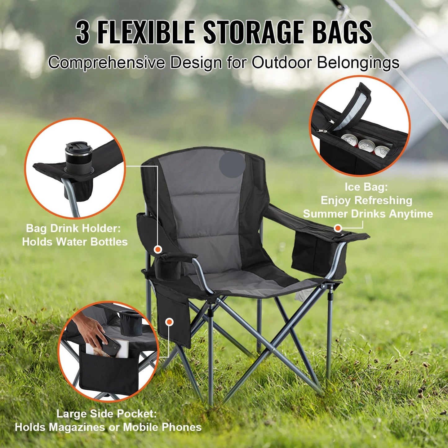 Campingstoel - Vouwstoel - Opvouwbaar - Viss - Strand - Picknick - Inklapbaar - Lichtgewicht - Outdoor Stoel - Lendensteun - Gevoerde Armleuningen - Zwart