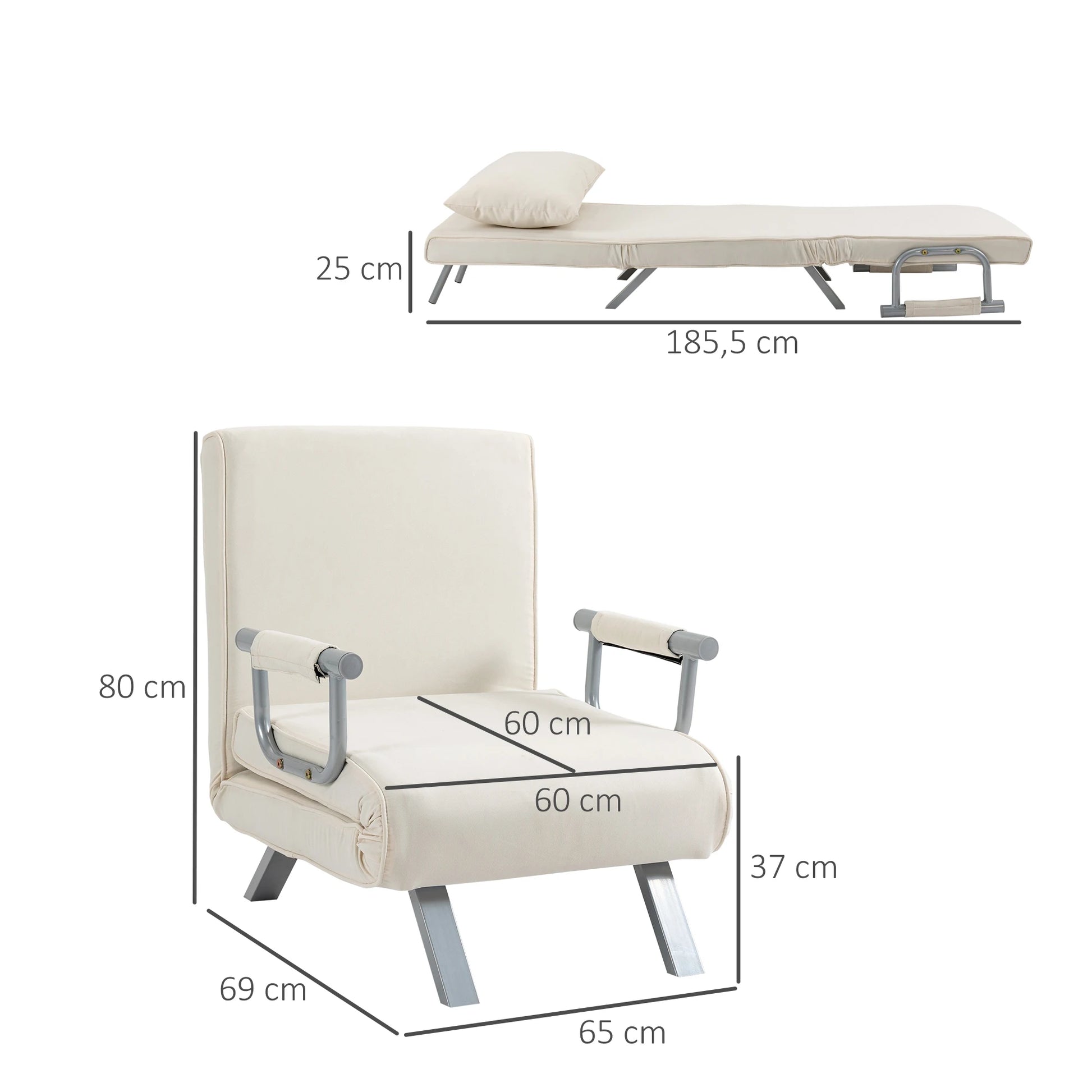 Opklapbare Relax Slaapstoel met Kussen – Inklapbare Fauteuil Slaapbank – 65x69x80 cm – Crème – 1-Persoons Omvormbare Stoel - QUORE