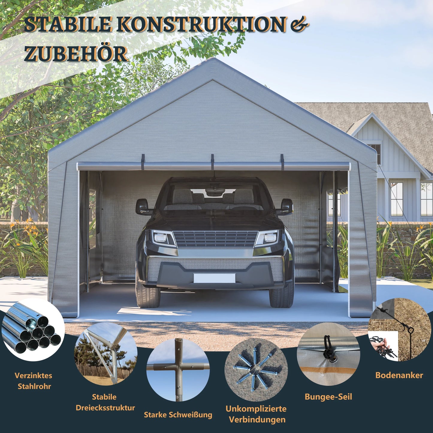 Outdoor Schuurzeil – Tuinhuis – Carport – Tent – Garage – Waterdicht PE Zeil – Oprolbare Ramen met Horren – 6x4x3 Meter – Gegalvaniseerd Staal Frame – UV-Bescherming