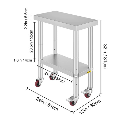 Kitchen Workbench - Kitchen Work Table - Cooking Island - Kitchen Table - 24 x 12 Inches - With 4 Casters &amp; Back Wall Loads - For Storage Rack Home Dining