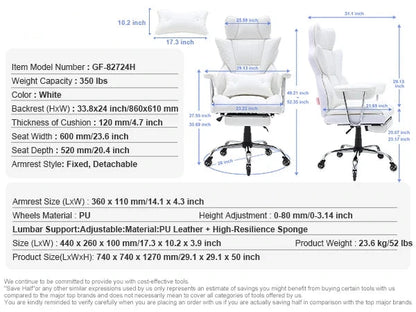 Ergonomische Bureaustoel - Executive Stoel - Gamingstoel - Kantoorstoel - Stoelen - 350lbs met Voetsteun - Verstelbare Lendensteun - Hoog Rugpand - Luxe PU Lederen - Extra Dikke Zitting - Voor Thuiswerk - Kantoor - Wit