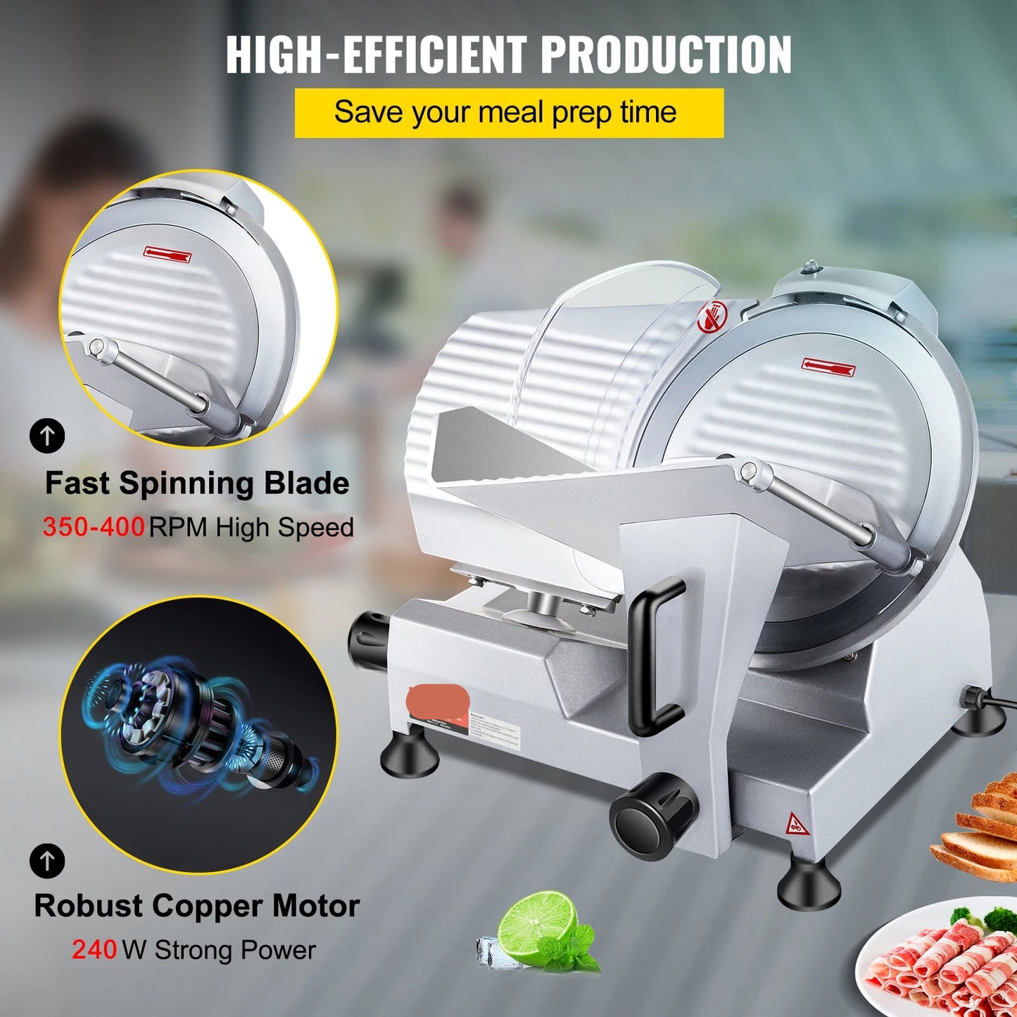 Vleessnijmachine - Snijmachine - Elektrische - 240W - Commerciële - met 10" Stalen Mes en 350-400 RPM Snelheid