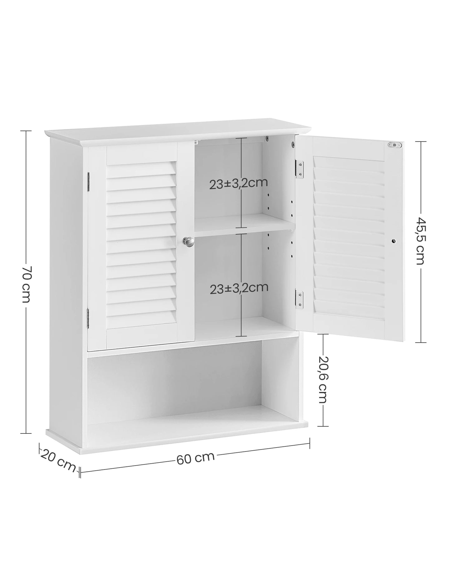 Medicijnkast Wandgemonteerde - Badkamerkast Hangend Wandkast - Badkamerkast - Medicijnkast Met in Hoogte Verstelbare Planken - Badkamerkast - Dubbele Deur - Open Compartiment -  60 x 20 x 70 cm - Wit - QUORE
