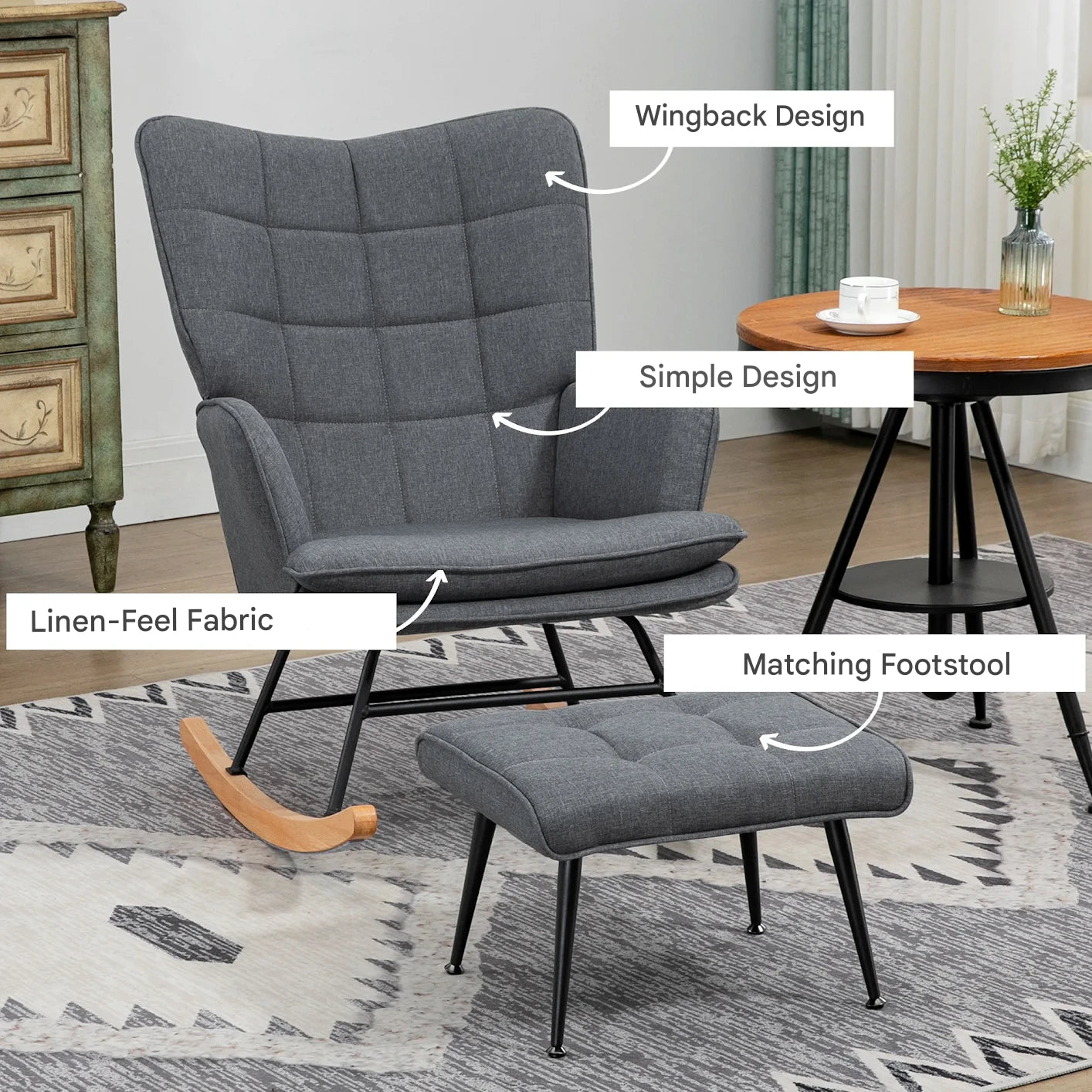 Schommelstoel - Schommelbank - Huismeubel - met Voetsteun - Dik Gevoerd - Beschermende kussens - Brede Rugleuning - Armsteun - Synthetisch Linnen - 64 x 89 x 90 cm - Grijs