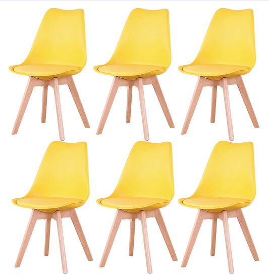 Stoel - Eetstoelen - Eetstoelen Set van 6 - Noordse middeleeuwse eetkamerstoelen - Gewatteerde zitting - Beukenhouten poten - Geel
