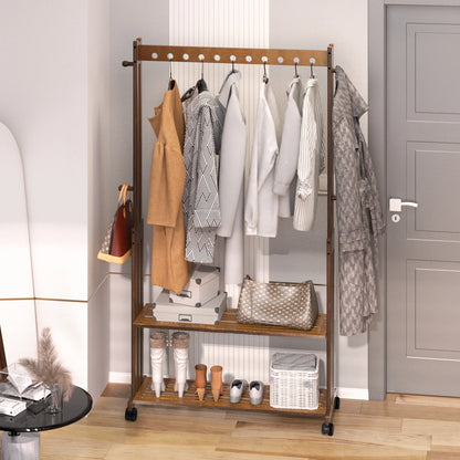 Bamboe Kledingrek - Kledingstandaard - Met-Wielen-Plank-Coatstand - Schoenenrek - Hout - Walnootkleur