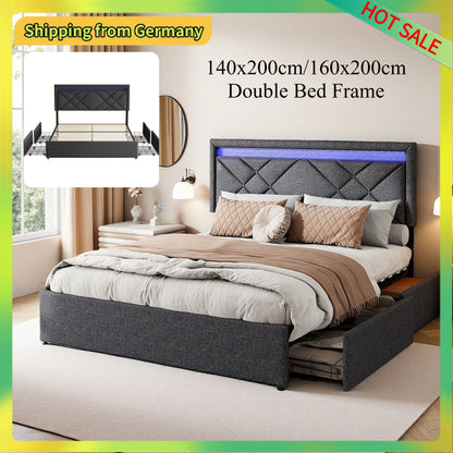 Comanlai 140x200cm/160x200cm Upholstered Bed with 4 Drawers,Headboard with USB Charging Port and LED Lighting,Double Bed,Linen