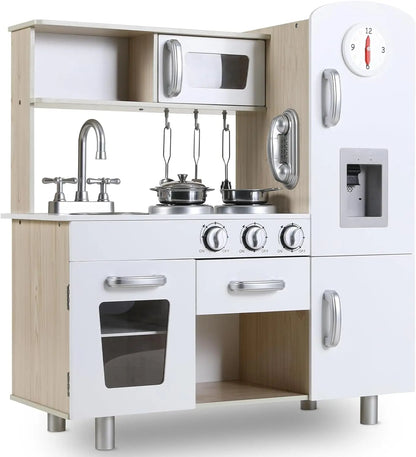 Speelkeuken - Speelgoedkeuken - Keukenset - met Casten - RVS Pot - Keukengerei - voor 3-6 jaar - Peuters - Solide Structuur - Oneindige Verbeelding - Educatieve Waarde - Leuke Interactie - Hout - 74 x 29 x 81.5 cm - Wit