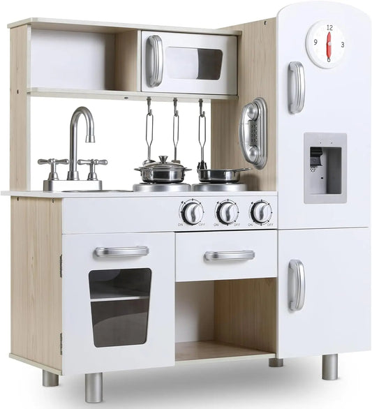 Speelkeuken - Speelgoedkeuken - Keukenset - met Casten - RVS Pot - Keukengerei - voor 3-6 jaar - Peuters - Solide Structuur - Oneindige Verbeelding - Educatieve Waarde - Leuke Interactie - Hout - 74 x 29 x 81.5 cm - Wit