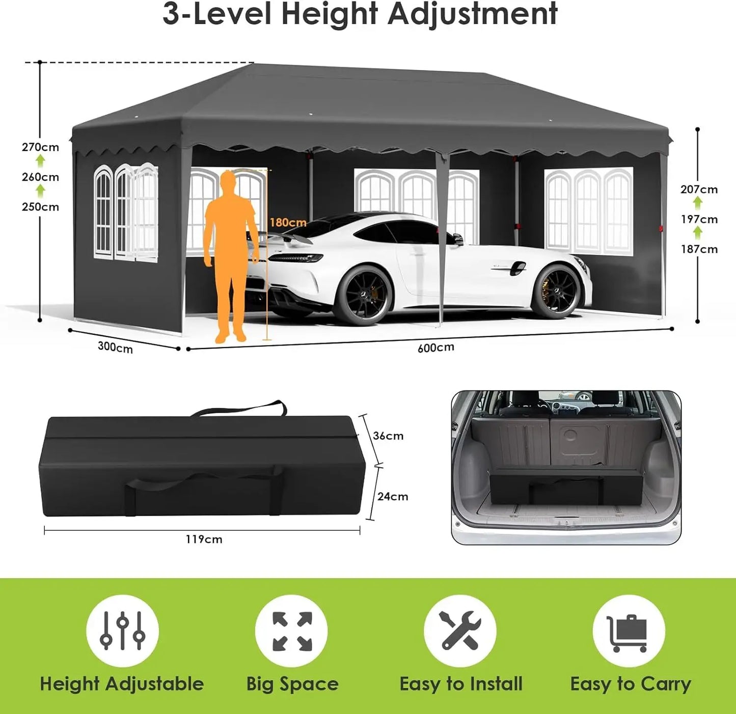 Paviljoen - Tuinpaviljoen - Partytent - Tuintent - Pop-up Kliksysteem - Stabiel - Vouwtent - Opvouwbaar - met 6 Zijpanelen - Waterdicht - Winterbestendig - 50+UV-Bescherming - voor Tuin - Buiten - Achtertuin - Oxford fabric - 3 x 6 m - Donkergrijs - QUORE